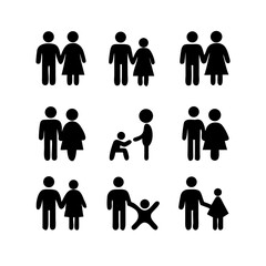 a set of icons depicting human figures, men, women, children, families, adults, families with children, the elderly, people in a wheelchair, with vision problems, health, flat vector illustration
