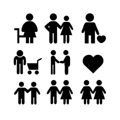 a set of icons depicting human figures, men, women, children, families, adults, families with children, the elderly, people in a wheelchair, with vision problems, health, flat vector illustration
