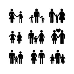 a set of icons depicting human figures, men, women, children, families, adults, families with children, the elderly, people in a wheelchair, with vision problems, health, flat vector illustration
