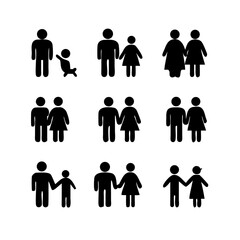 a set of icons depicting human figures, men, women, children, families, adults, families with children, the elderly, people in a wheelchair, with vision problems, health, flat vector illustration
