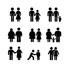 a set of icons depicting human figures, men, women, children, families, adults, families with children, the elderly, people in a wheelchair, with vision problems, health, flat vector illustration
