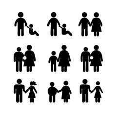 a set of icons depicting human figures, men, women, children, families, adults, families with children, the elderly, people in a wheelchair, with vision problems, health, flat vector illustration
