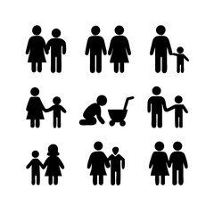 a set of icons depicting human figures, men, women, children, families, adults, families with children, the elderly, people in a wheelchair, with vision problems, health, flat vector illustration
