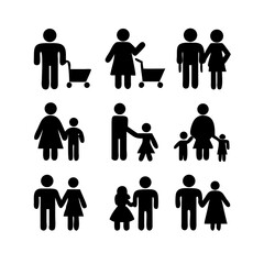 a set of icons depicting human figures, men, women, children, families, adults, families with children, the elderly, people in a wheelchair, with vision problems, health, flat vector illustration
