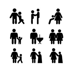 a set of icons depicting human figures, men, women, children, families, adults, families with children, the elderly, people in a wheelchair, with vision problems, health, flat vector illustration
