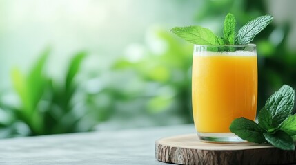 A refreshing orange juice drink garnished with mint leaves, set on a wooden surface surrounded by greenery, encapsulating the essence of summer and vitality.