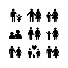 a set of icons depicting human figures, men, women, children, families, adults, families with children, the elderly, people in a wheelchair, with vision problems, health, flat vector illustration
