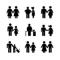 a set of icons depicting human figures, men, women, children, families, adults, families with children, the elderly, people in a wheelchair, with vision problems, health, flat vector illustration
