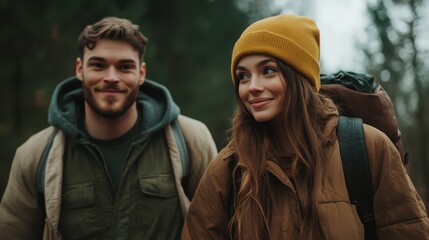 A cheerful couple hiking in nature, radiating joy and connection while surrounded by serene landscapes, reflecting love for the outdoors and shared experiences together.