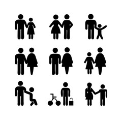 a set of icons depicting human figures, men, women, children, families, adults, families with children, the elderly, people in a wheelchair, with vision problems, health, flat vector illustration
