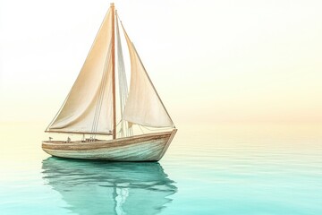 Fototapeta premium A serene sailboat glides across calm, turquoise waters under a soft, pastel sky.