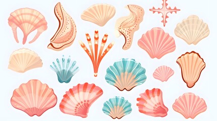 Colorful Sea Shells Cute Stickers Vector Set for Scrapbooking and Crafts