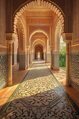 Obraz premium Elegant Moorish Architecture Palace Corridor Intricate Tilework Arches old grand stone light royal 