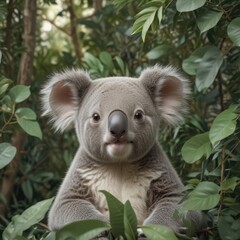 Fototapeta premium Adorable koala joey nestled amongst eucalyptus leaves, seamless repeat , eucalyptus pattern, australian fauna