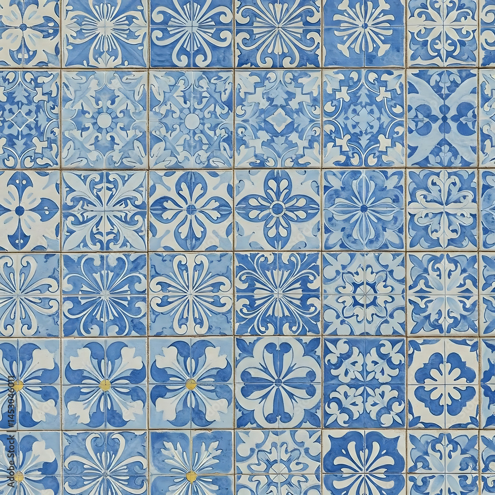 Aufkleber a pattern of intricate blue and white decorative tiles with repeating designs arranged in a grid
