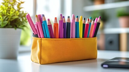 Fototapeta premium Vibrant colored pencils in a yellow fabric pencil case, near a potted plant on a desk by a window. on a transparent background, PNG image, PNG file.