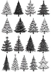Fototapeta premium Hand-Drawn Christmas Trees: Monochrome Ink Sketch Collection AI Generated