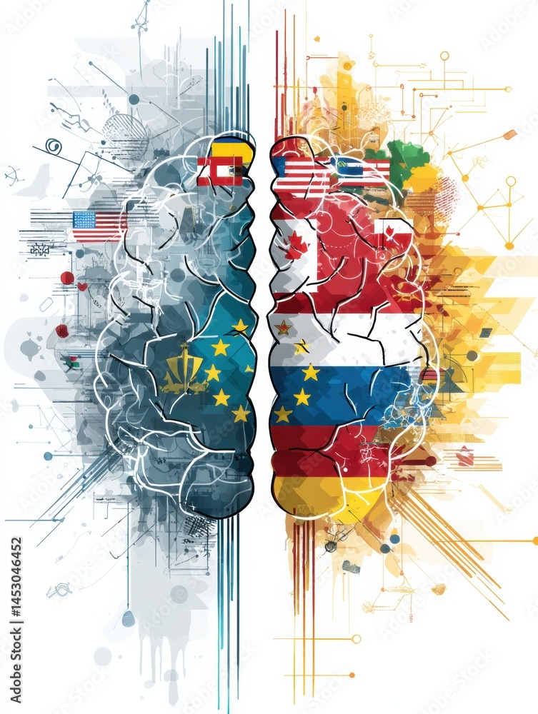 Poster ai brain models divided into competing halves displaying various country logos and symbols in a vibr