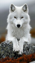 Obraz premium Majestic white wolf resting atop rocky outcrop