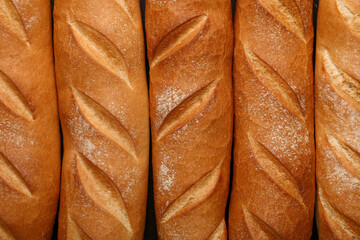 Many fresh baguettes on black background, closeup