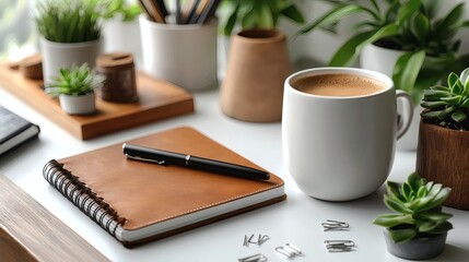 Brown journal with black pen, white mug of coffee, succulent plants and clips on clean desk, represents work. on a transparent background, PNG image, PNG file.