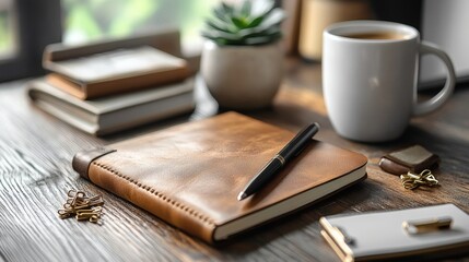 Cozy office setup featuring leather notebook, pen, coffee, succulent, and papers on wood table with window light. on a transparent background, PNG image, PNG file.
