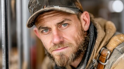 Man in work attire, cap, looking at the viewer closely