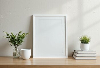 Minimalistic Home Office Space with White Frame and Green Plants