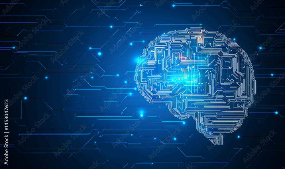 Poster abstract futuristic technology background with digital brain and circuit board elements on a blue co