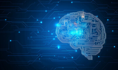 Fototapeta premium Abstract futuristic technology background with digital brain and circuit board elements on a blue color