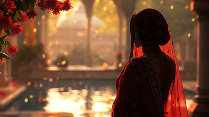 Silhouette Woman Red Sari Golden Hour Indian Palace Romance veil calm dark dress bride light image  