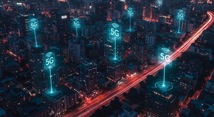 Obraz premium Futuristic 5G Technology Concept with Digital Network and High-Speed Connectivity