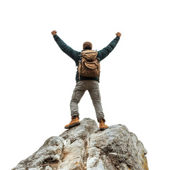 Man Celebrating on Mountain Summit, Symbol of Success, Isolated on Transparent Background