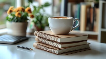 Stack of notebooks, cup of coffee, and sleek pen resting on a bright table near blooming flowers by the window on a transparent background, PNG image, PNG file.