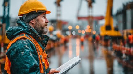 Construction Worker in Rainy Conditions Wearing Safety Gear and Holding Plans