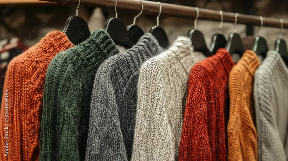 Poster A row of colorful sweaters hang from a rack, perfect for storing or displaying
