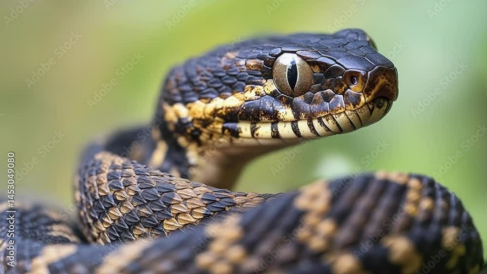 Poster A close-up shot of a snake's head with a blurred background, perfect for use in illustrations or designs where a reptile is needed