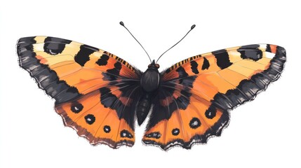 Vibrant orange butterfly with delicate black and white patterned wings resting on a natural background
