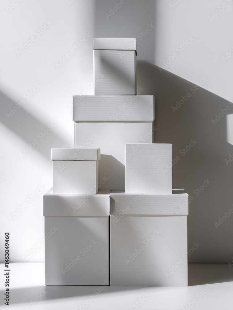 Aufkleber Stacked White Packaging Boxes With Soft Shadows Creating a Minimalist Aesthetic in a Clean Studio Setting Generative AI