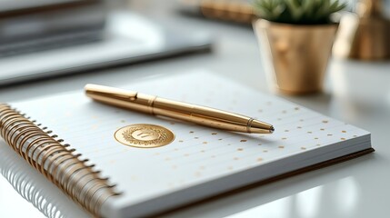 Elegant gold pen resting on a white lined notebook with golden dots and emblem, showcasing sophistication on a transparent background, PNG image, PNG file.