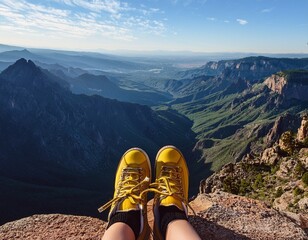 hiking adventure overlooking scenic valley feet in yellow sneakers dangling over a cliff edge overlooking a scenic valley with rugged mountains