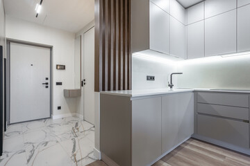 A stylish kitchen integrates seamlessly with a minimalistic entrance, showcasing sleek cabinets and marble flooring that enhances the contemporary feel of the space.