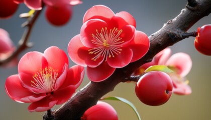 beautiful red plum blossoms and fruits growing on tree branch