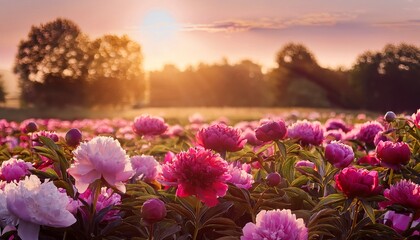 a vibrant field of blooming peonies in shades of pink and burgundy bathed in warm morning light creates a serene and picturesque floral landscape