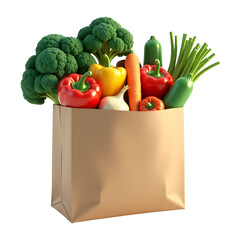 Healthy food in a 3D brown paper shopping bag with greens and grains, isolated on transparent background