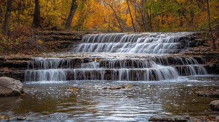 Cascading waterfall in an autumnal forest setting.