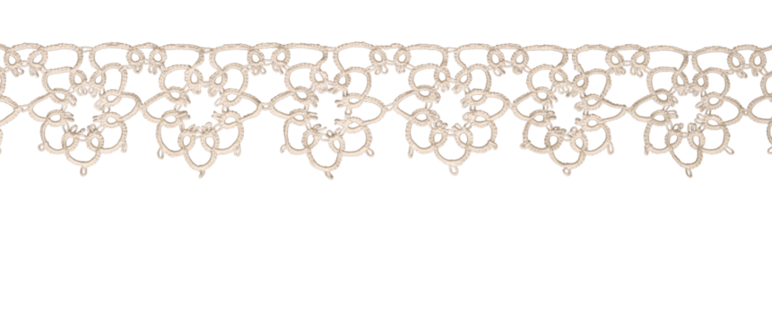 Crochet beige floral delicate cotton lace decorative trim isolated cutout on transparent