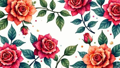 Intricate repeating rose motif, lush watercolor effect , print, red roses