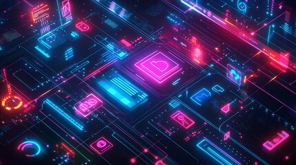 Digital marketing strategy banner featuring icons for viral marketing, seo, branding, and network engagement. [Neon Folklore] | Wired Totems | tech icons. Illustration