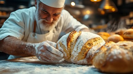 A baker creating artisanal bread, shaping the dough by hand on a flour-covered countertop. The rustic kitchen setting captures the craft and artistry involved in baking.